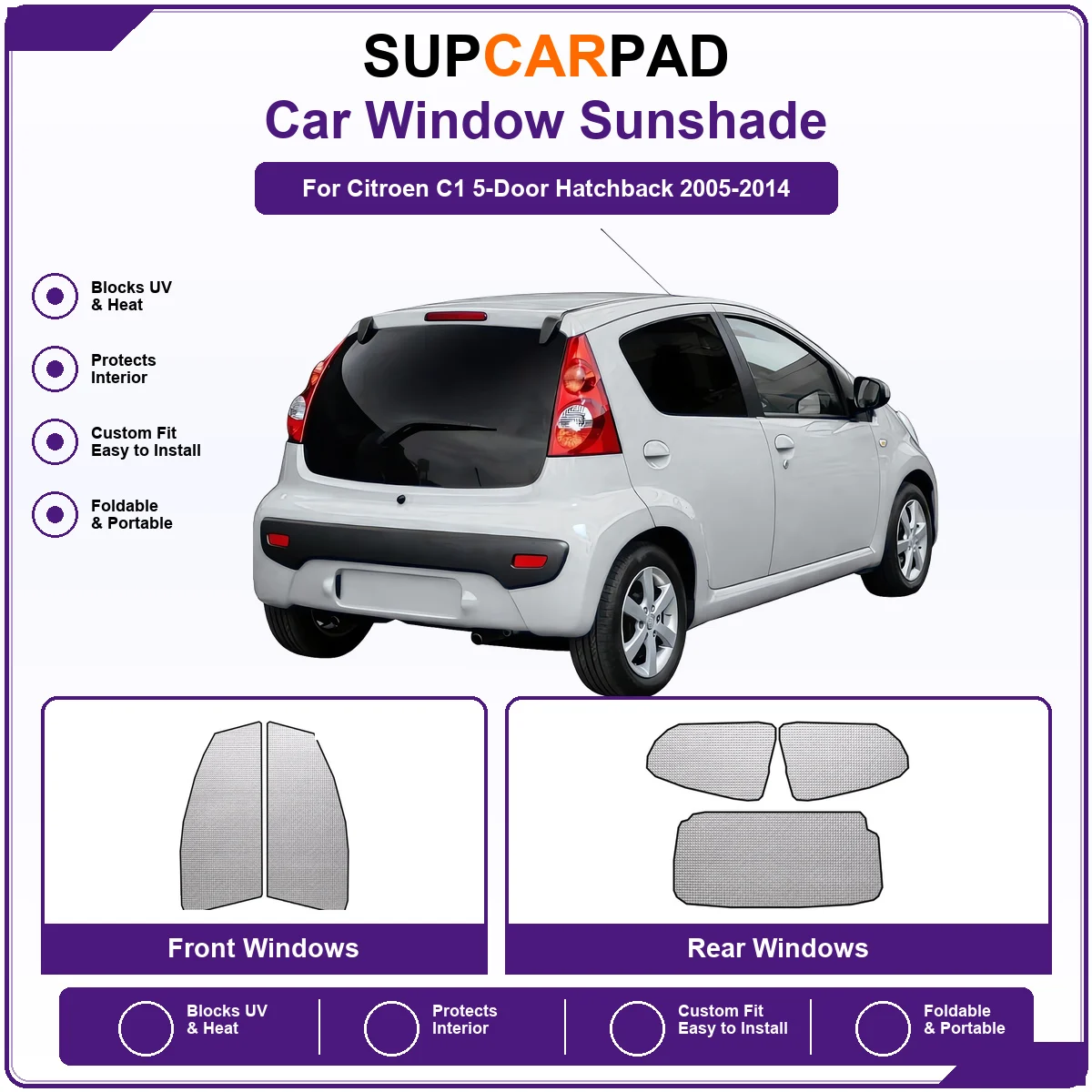 For Citroen C1 5-Door Hatchback 2005-2014 Pre‑Cut Auto Window Sunshade Anti‑UV Car Sun Visor Protector