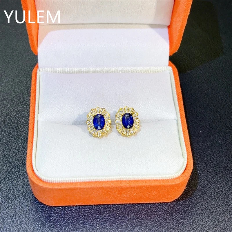 YULEM 925 Sterling Silver Natural Sapphire Stud Earrings for Women Gold Plated Oval Cut Real Blue Gemstone