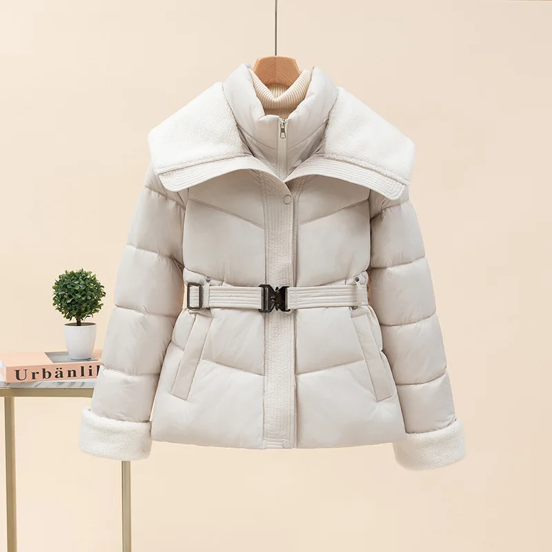 Women Parkas Coats Solid Jackets Zipper Pocket Belt Long Sleeves Turn Down Collar Cinched Waist Thick Casual 2025 Autumn Winter