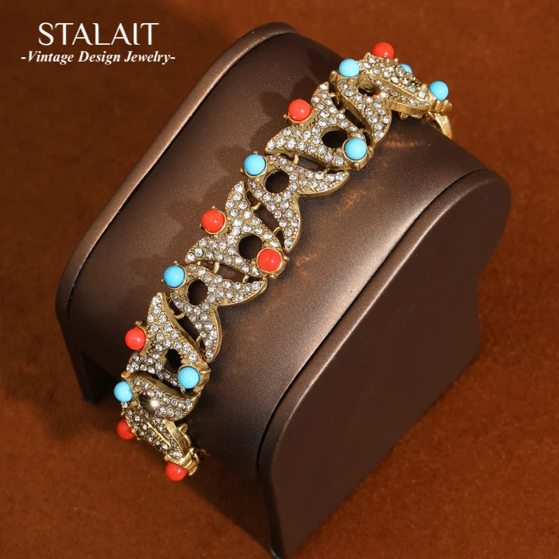

Vintage Rhinestone Bracelet Charms Natural Stone For Woman Antique Gold Color Blue Red Wedding Jewelry Bangles High Quality 2025