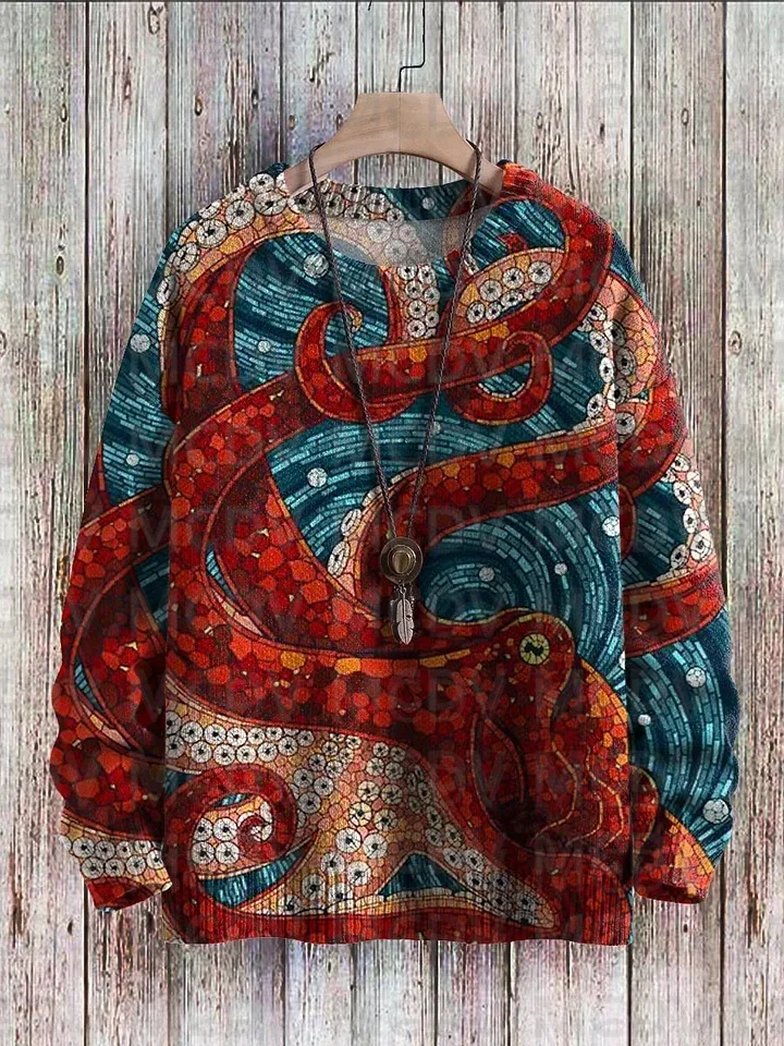 

Cute Red Octopus Mosaic Art Pattern Print Casual Knit Pullover Sweater Men's For Women's Pullover