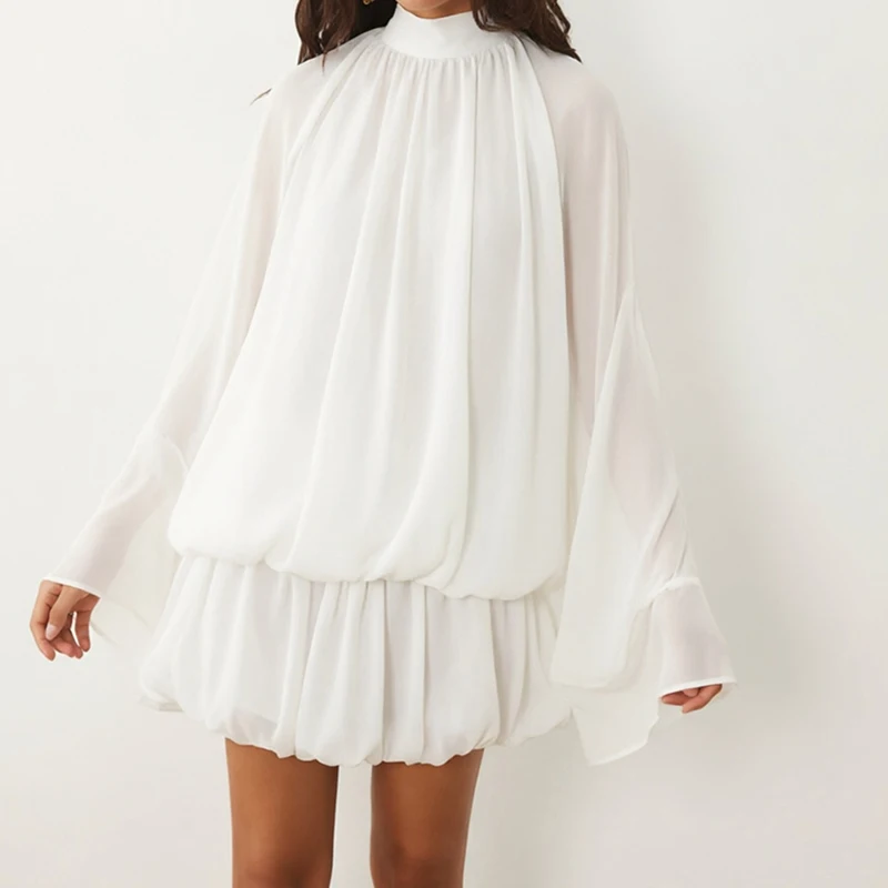 Women Elegant Ruffled Hem Hight Waist Draped Mini Dress Casual Flared Sleeved Short Dress Fashion High Necked Print A-Line Dress