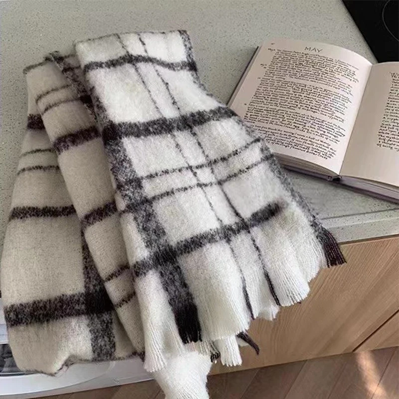 

Winter Scarf For Women Cashmere Warm Black And Beige Plaid Shawl Blanket Wraps Female Thick Soft Tassel Long Poncho