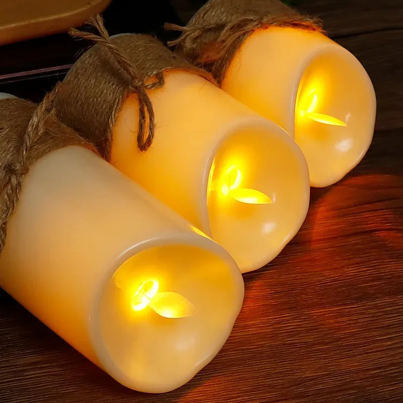 Handgemaakte henneptouw pijlerkaars – warm wit flikker, LED-sfeerlicht voor bruiloften, kerstfeesten en nachtlampje voor kinderen