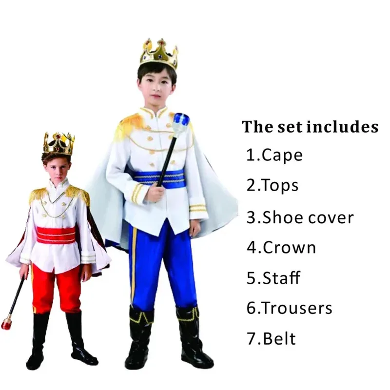 

7PCS Children's The King Prince Cosplay Costume Halloween Carnival Boys 7 Piece Prince Crown Scepter Cloak Royalty Suit Clothing