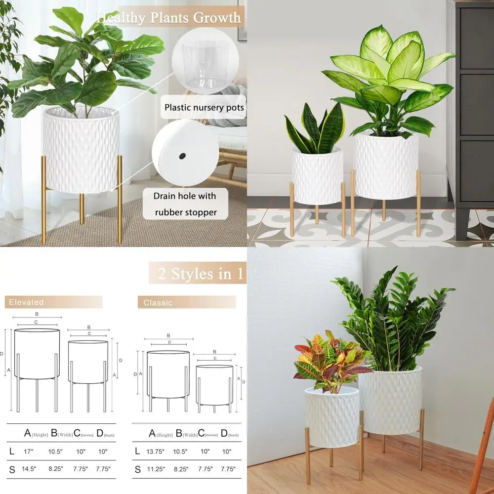 

Mid-Century Style Metal Planters with Stand, Pair of White & Gold Pots, 8.25 & 10.5, Decorative with Drainage