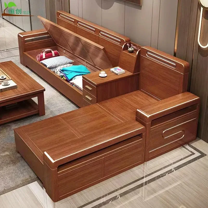 Sofa Walnut Solid Wood Modern Simple E****mic Thickened Winter and Summer Dual Storage Living Room Corner Princess Sofa
