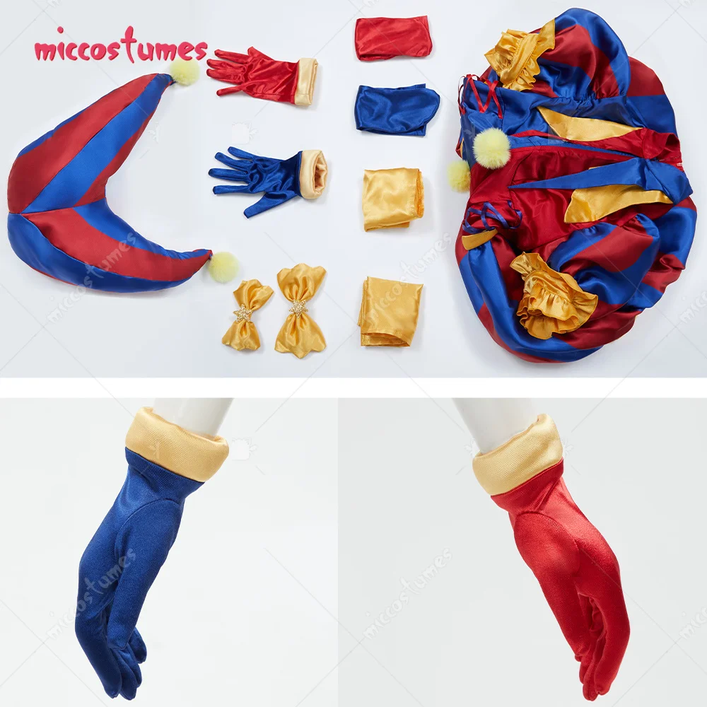 Miccostumes Women Clown Cosplay Costume Blue Red Jumpsuit and Hat with Gloves and Socks