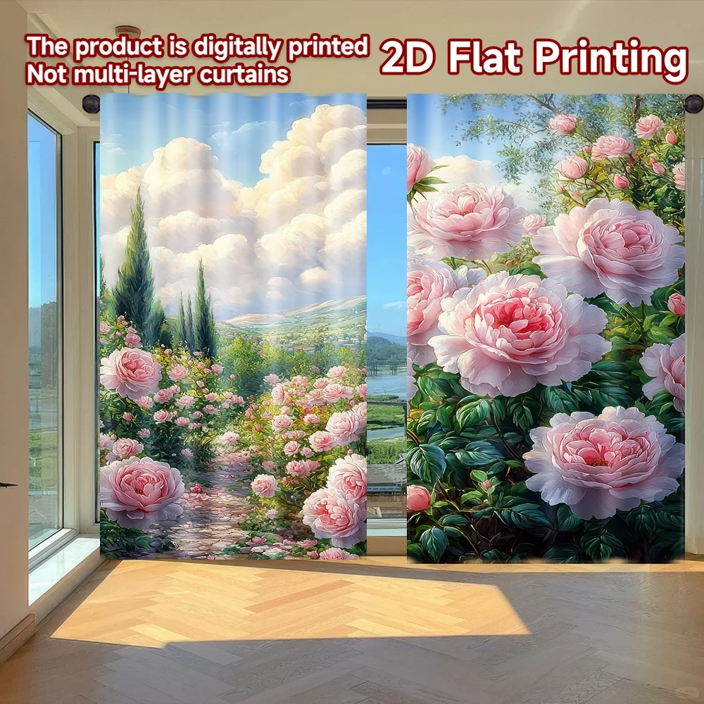 

2D flat printing 2pcs Curtains Beautiful Garden of Roses Digital Printed Polyester Drapes Family Party Decoration Use for All