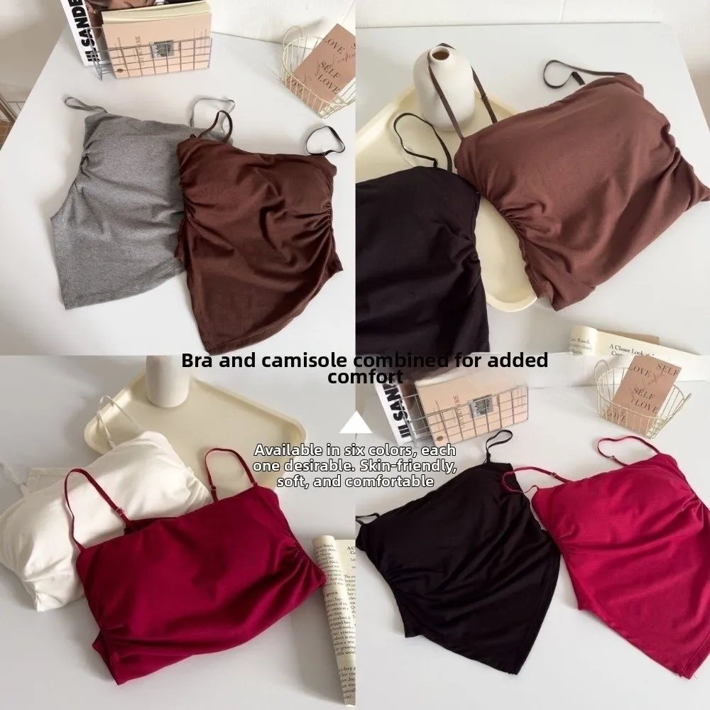 New Irregular Hot Girl Tank Top Solid Color Off-the-shoulder Neckline Women's Padded Backless Top Folds Summer Camisole