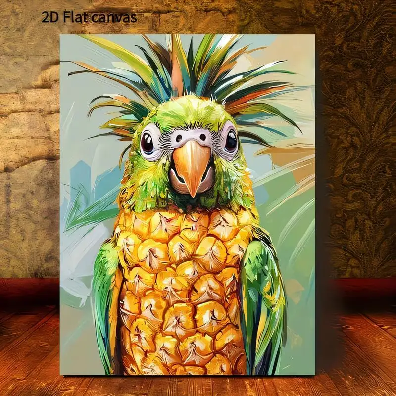 2D Flat Canvas, Colorful Pineapple Parrot Art Painting - Vibrant Cartoon Abstract Design, Green/Yellow Tropical Wall Decor for L