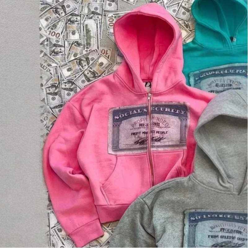 Europäischer und amerikanischer Y2K Street Banknote Pattern Bedruckter Modetrend-Hoodie für Männer und Frauen Lose Kapuzen-Reißverschluss-Hoodie Y2K