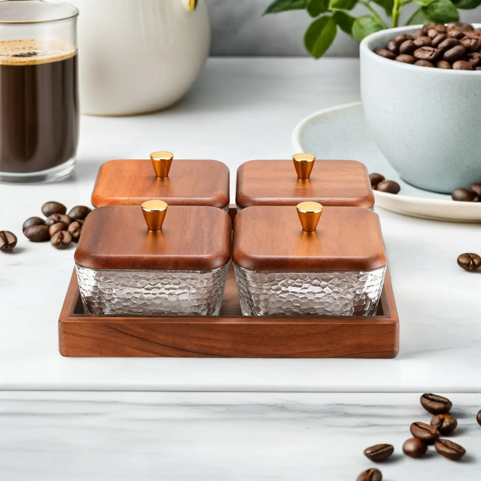 1Set Nuts Platter 4 Compartments Walnut Glass Sectional Plate for Charcuterie Party Platter Supplies Appetizer Tray