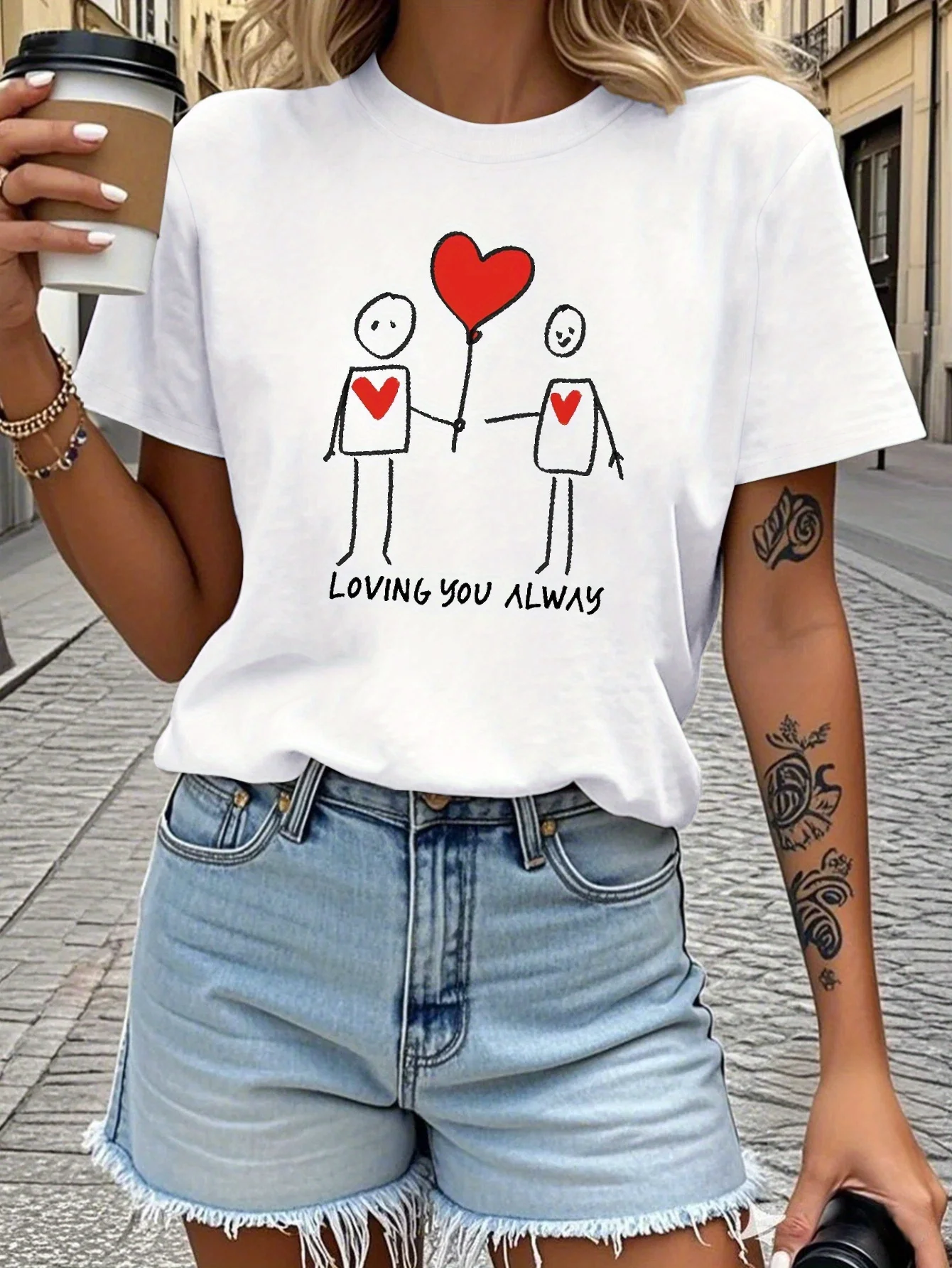 

Forever Love You Pattern Printed T-shirt Daily Regular Short Sleeve Casual Top with Heart shaped Balloon Printed Women's T-shirt