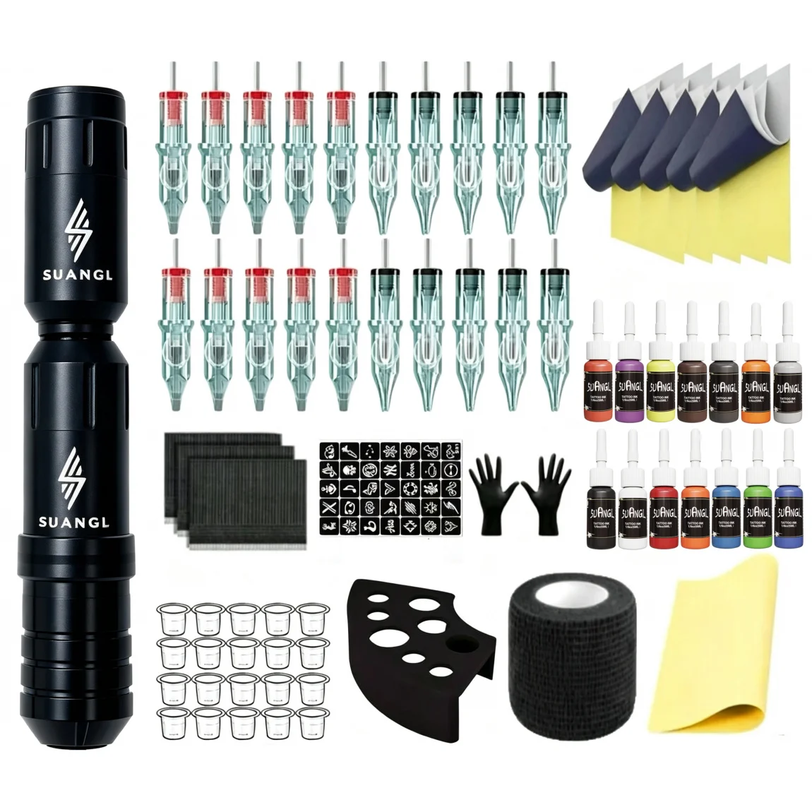 SUANGL Tattoo Kit Complete Wireless Pen Set 20 Needles 1200mAh Battery 14 Ink Colors for Beginners Artists Perfect Gift Supplies