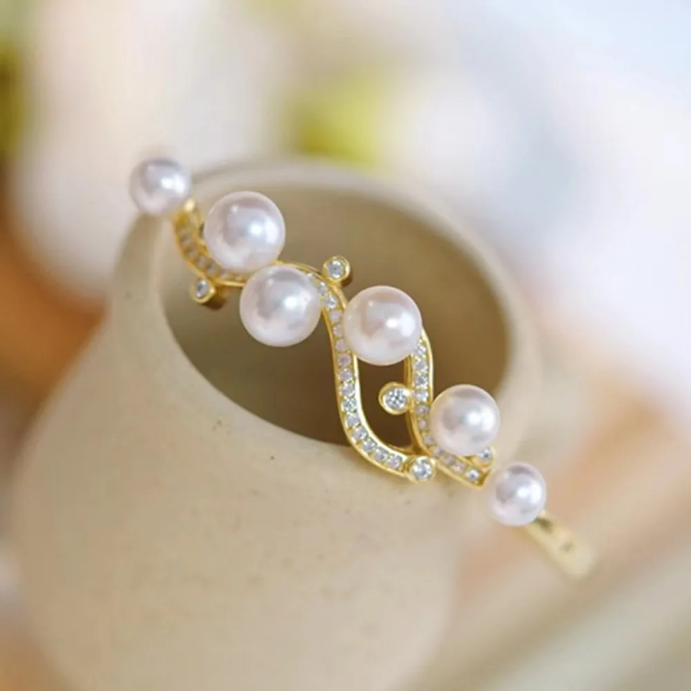 Wave Curve Multi Bead Open Bracelet Bracelet 4-5mm South Sea Pearl AAA  5-6mm 6-7mm 925s