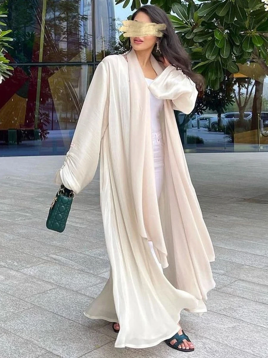 

Muslim Fashion Dubai Women Shiny Satin Open Kimono Abaya Saudi Moroccan Kaftan Elegant Party Clothing Turkish Arab Robe