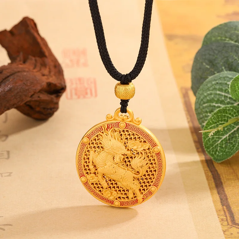999 Ancient-Style Hollowed-Out Gold And Silver Kirin Pendant, Auspicious Eight Treasures, Safe Fortune-Bring