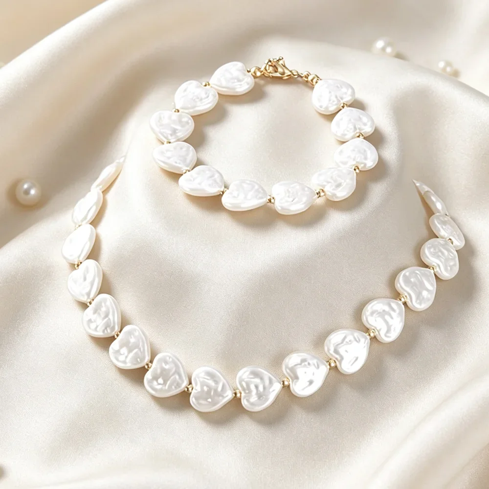 Sweet Heart Jewelry Set Imitation Pearl Necklace Bracelet Unique Surprise Gift for Women Girls Bestie