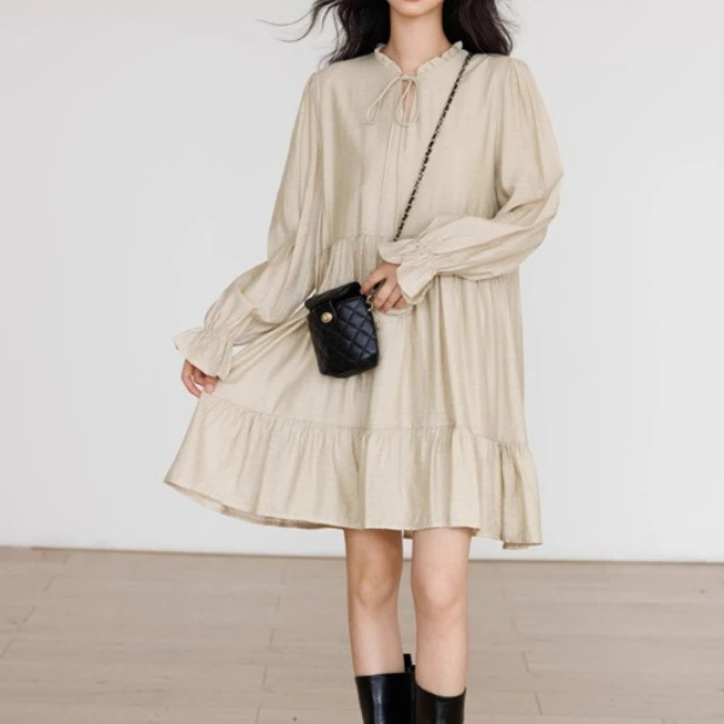 

French Gentle Wind Long-sleeved Dress 2025 Spring and Summer Design Sense Ruffled Loose Temperament Women's Long Skirt