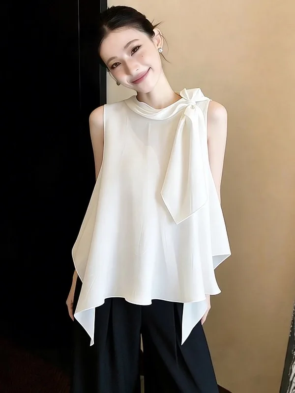 

Элегантная белая женская летняя блузка без рукавов, свободного кроя, красивый асимметричный топ стандартной длины из полиэстера с круглым вырезом