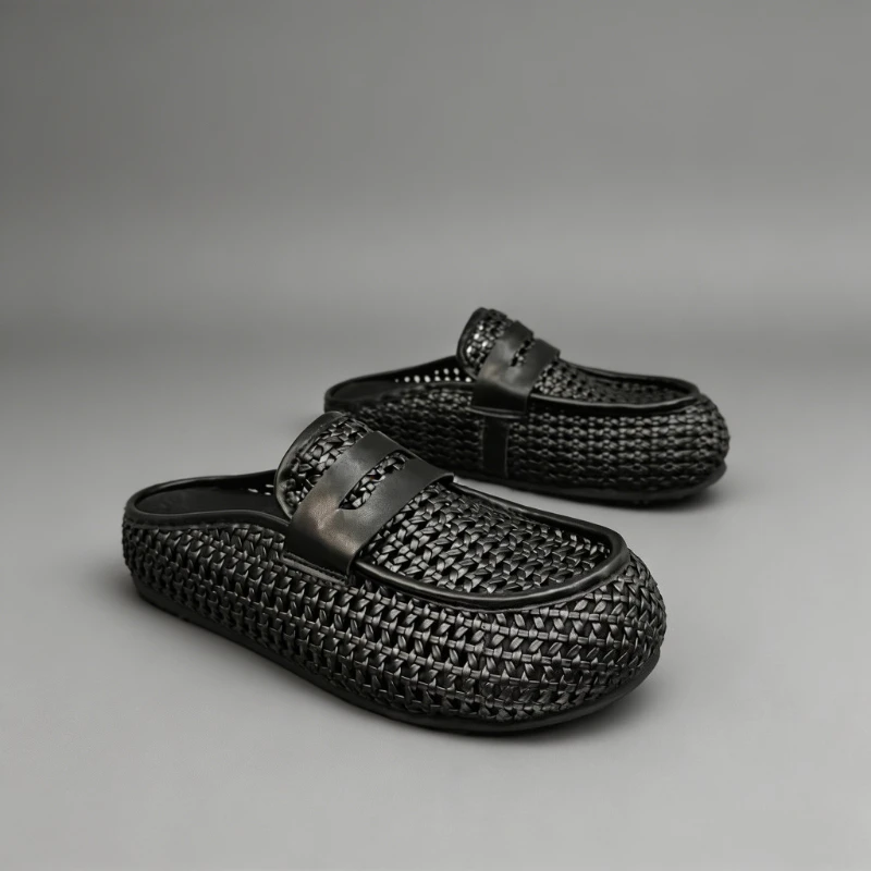Luxury Texture Men   Mules 2026 Summer New Thick Wedge Platform Backless Loafers Breathable Casual Slip On Half Slide Slippers