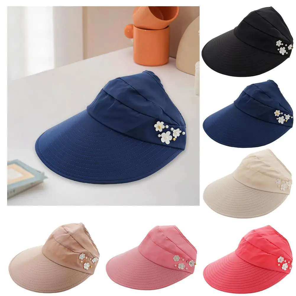 

Summer Sun Hats For Women Vacation Wide Brim Foldable Pearl Flower Visor Suncreen Floppy Cap Outdoor Casual Baseball Cap Hat