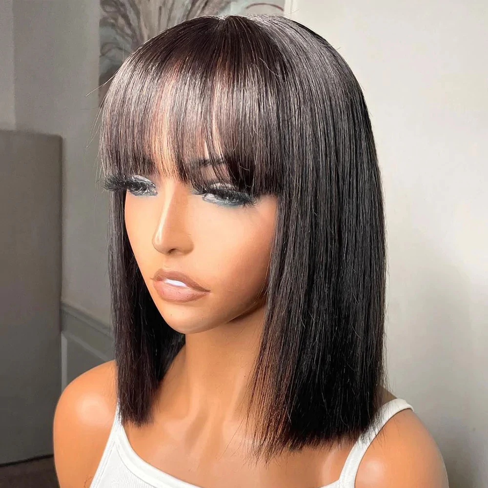 Straight Wig With Bangs Brazilian Fringe Bob Human Hair Wigs Full Machine Made Wigs For Women Closure Short Bob Wig