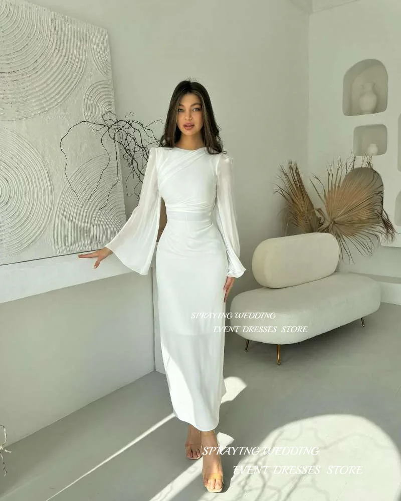 SPRAYING White Straight Prom Gown for Women Saudi Arabia full Sleeve Ankle-Length Evening Gown Dress O-Neck Collar