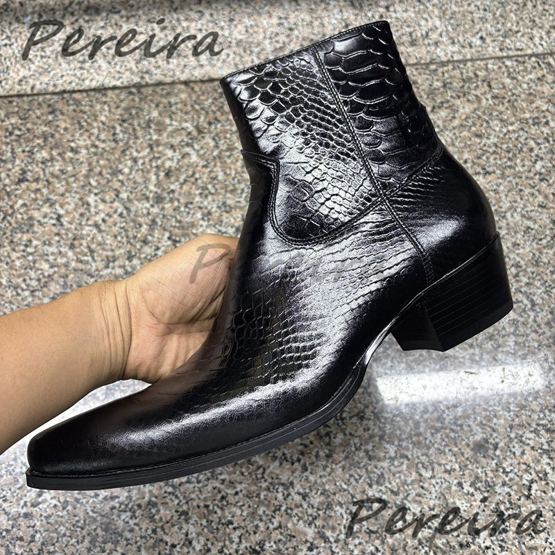 Men's Genuine Leather Chelsea Boots British Style Snake Pattern Embossed Pointy Toe Thick Heel Boots Party Banquet Dress Shoes