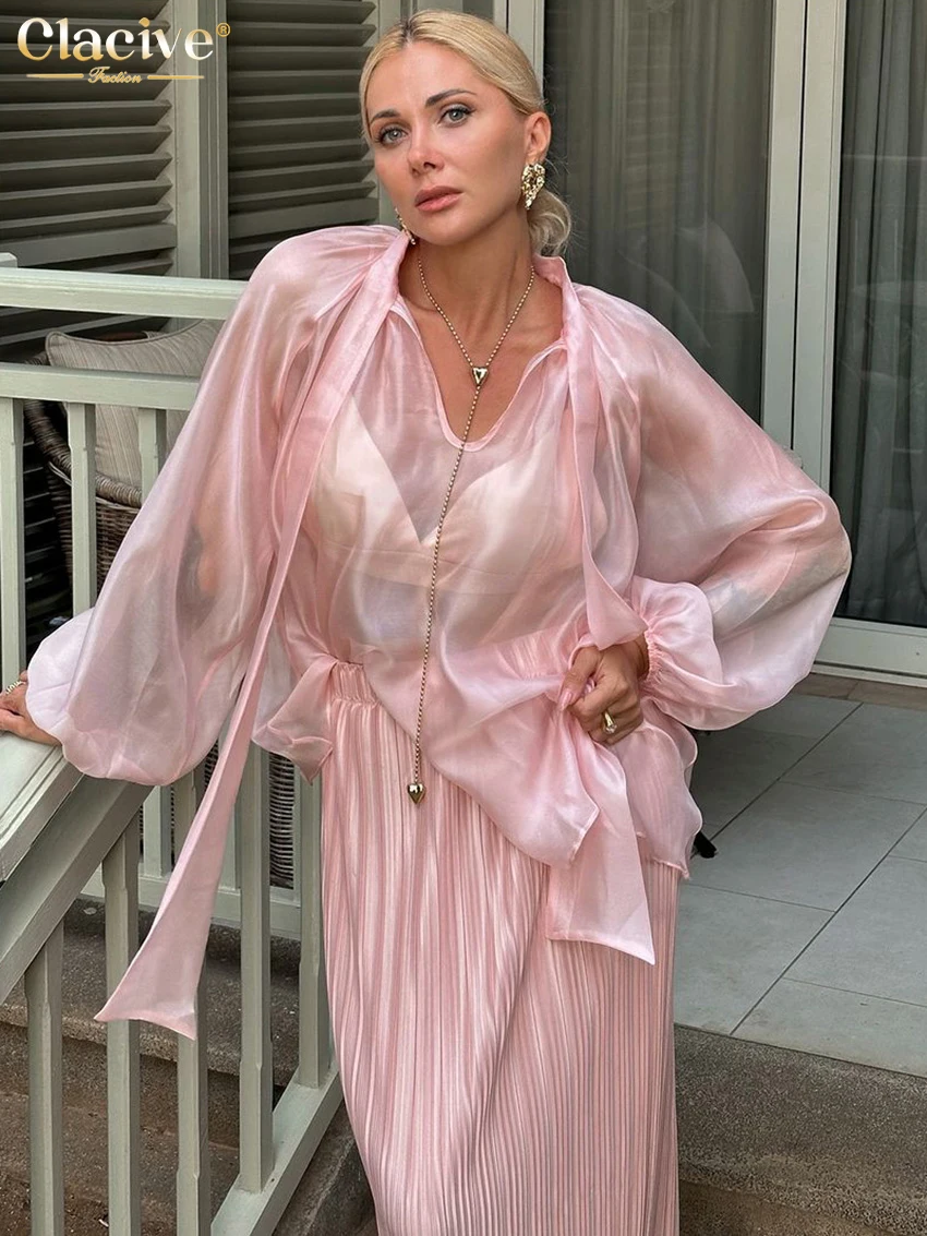 

Clacive Fashion Loose Pink Women's Shirt 2026 Sexy Bow Collar Long Sleeve Lady Shirts Elegant See Through Top Female Clothing