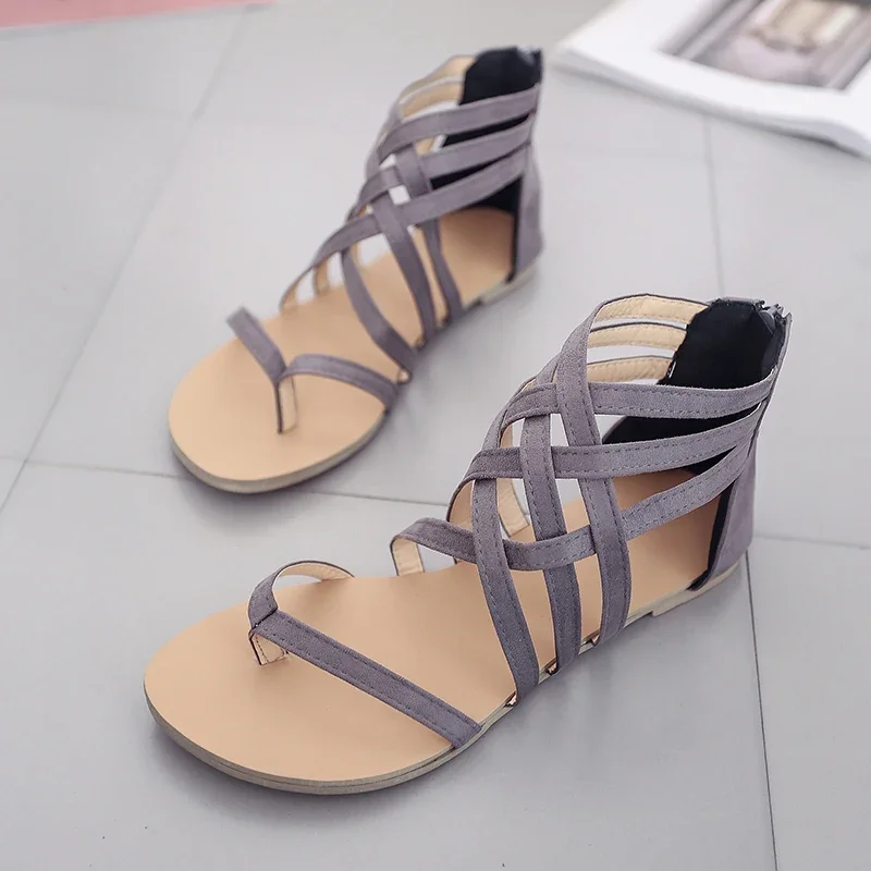 Sandalias planas de gladiador para mujer, zapatos informales de playa, toboganes sólidos, zapatos romanos con cremallera, talla grande 43