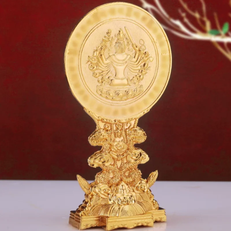 Exquisite Alloy Cundi Buddha Mother Sacred Mirror - Double Dragon Lotus Base, Esoteric Buddhist Altar Ornament