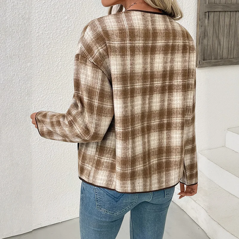 2025 Autumn and Winter Brushed Thickened Women's Plaid Design Jacket Casual Plaid Cardigan Coat Women