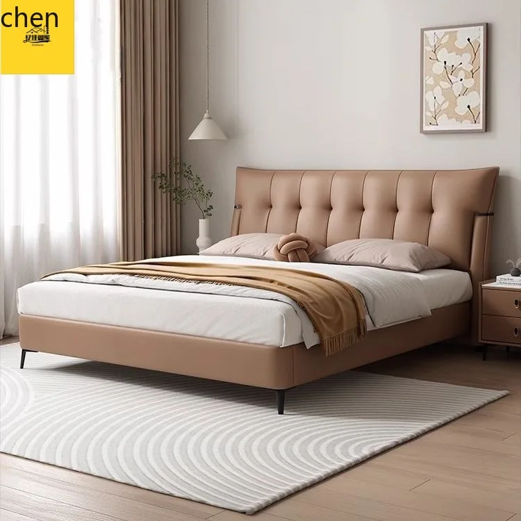 YFY  Genuine Leather Bed Simple Master Bedroom Double Bed Waffle Soft Pack