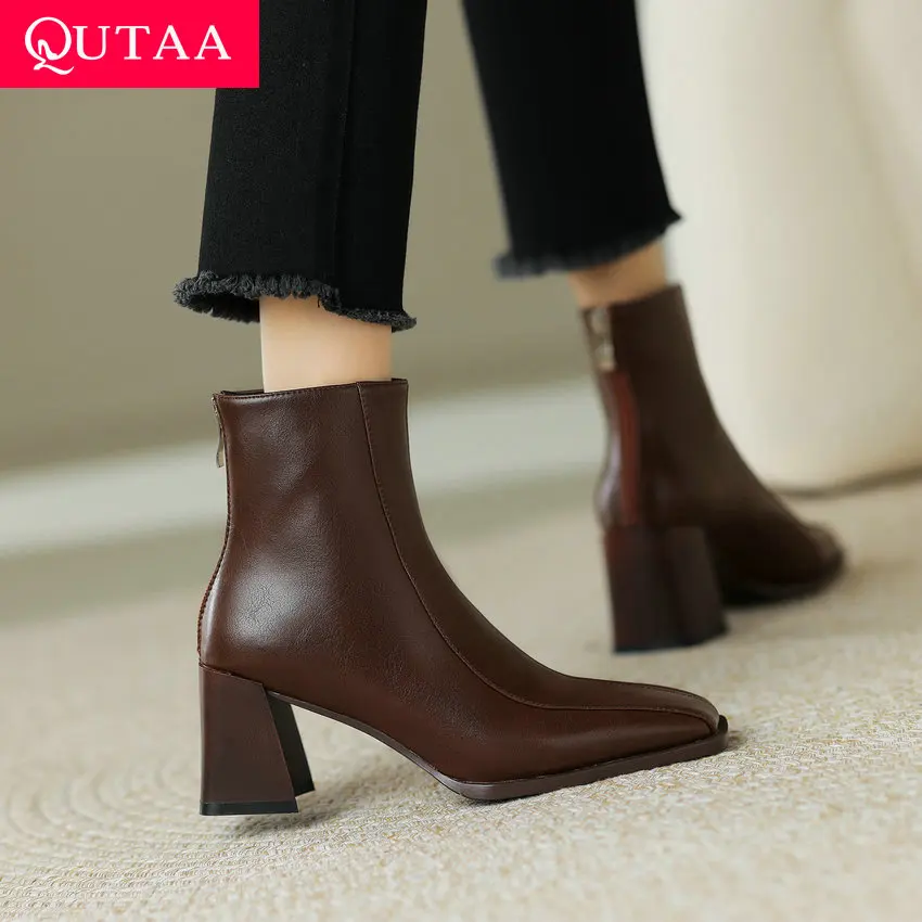 

QUTAA 2024 Women Ankle Boots Thick High Heels Square Toe Elegant Genuine Leather Shoes Woman Working Autumn Winter Size 34-39