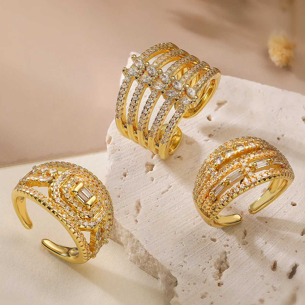NEWBUY Luxury AAA Cubic Zirconia Inlay Copper Jewelry Gold Color Wedding Rings For Elegant Women Promise Gift