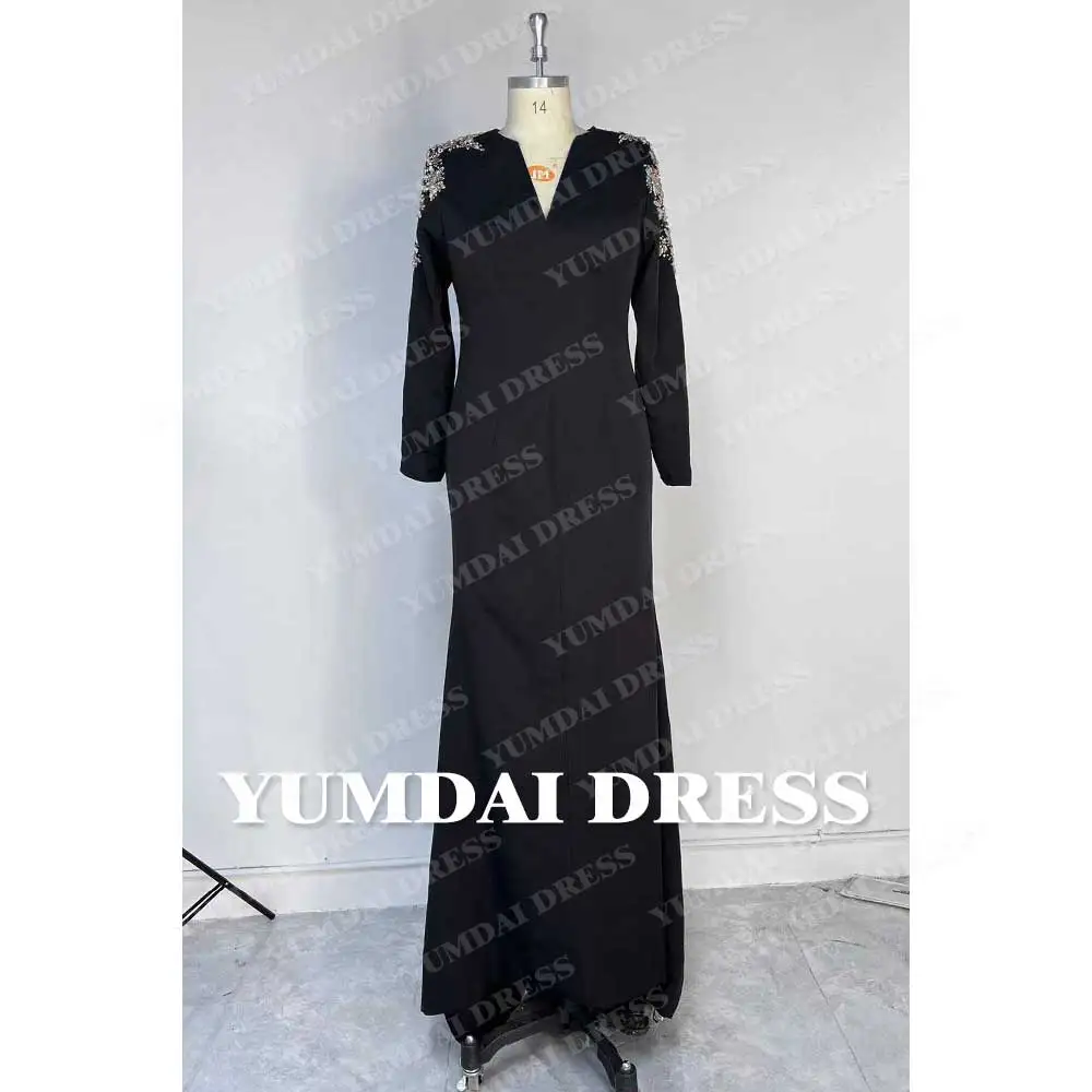 YUMDAI-vestido de noite feminino preto de strass, vestido de festa luxuoso, alto nível, performance formal de palco, vestido longo, alta costura, 2023