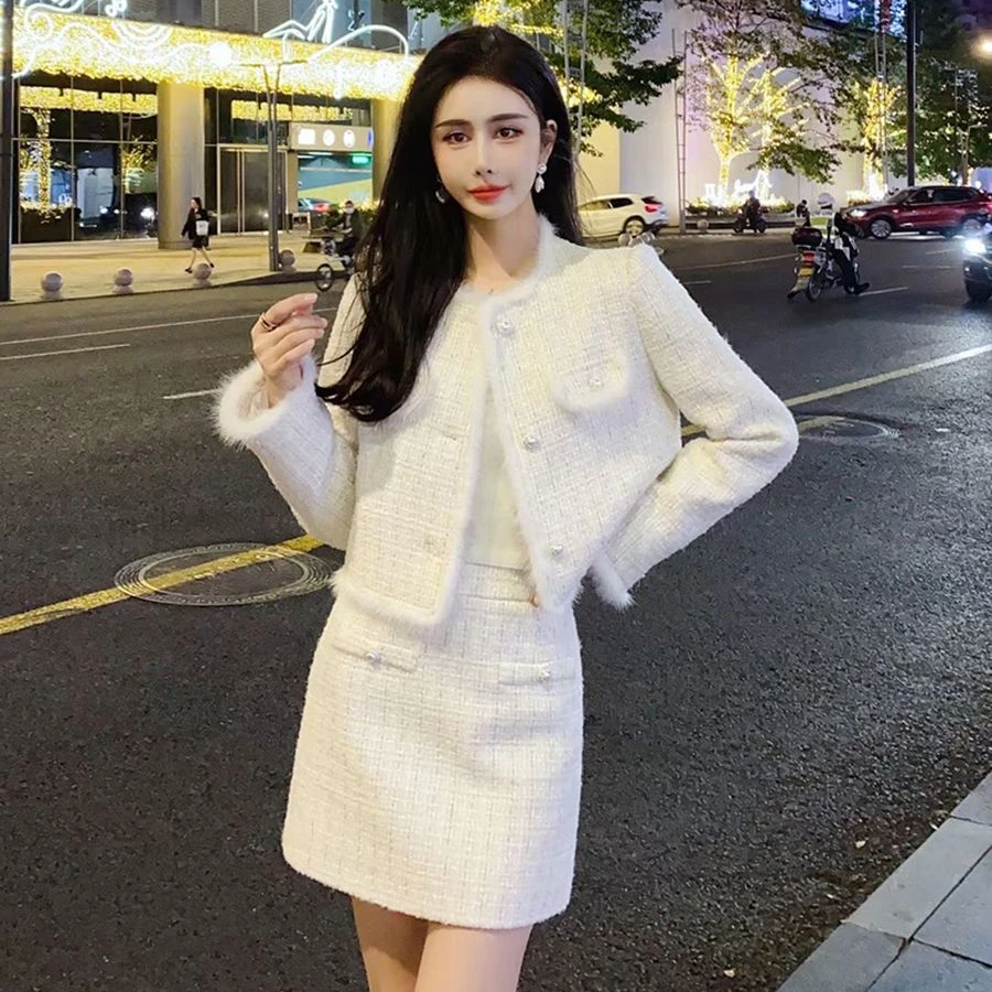 Winter Women\'s Tweed Suits Fashion Celebrity Senior Thickened Long Sleeve Short Tweed Blazer Jacket Mini Skirt 2pcs Matching Set