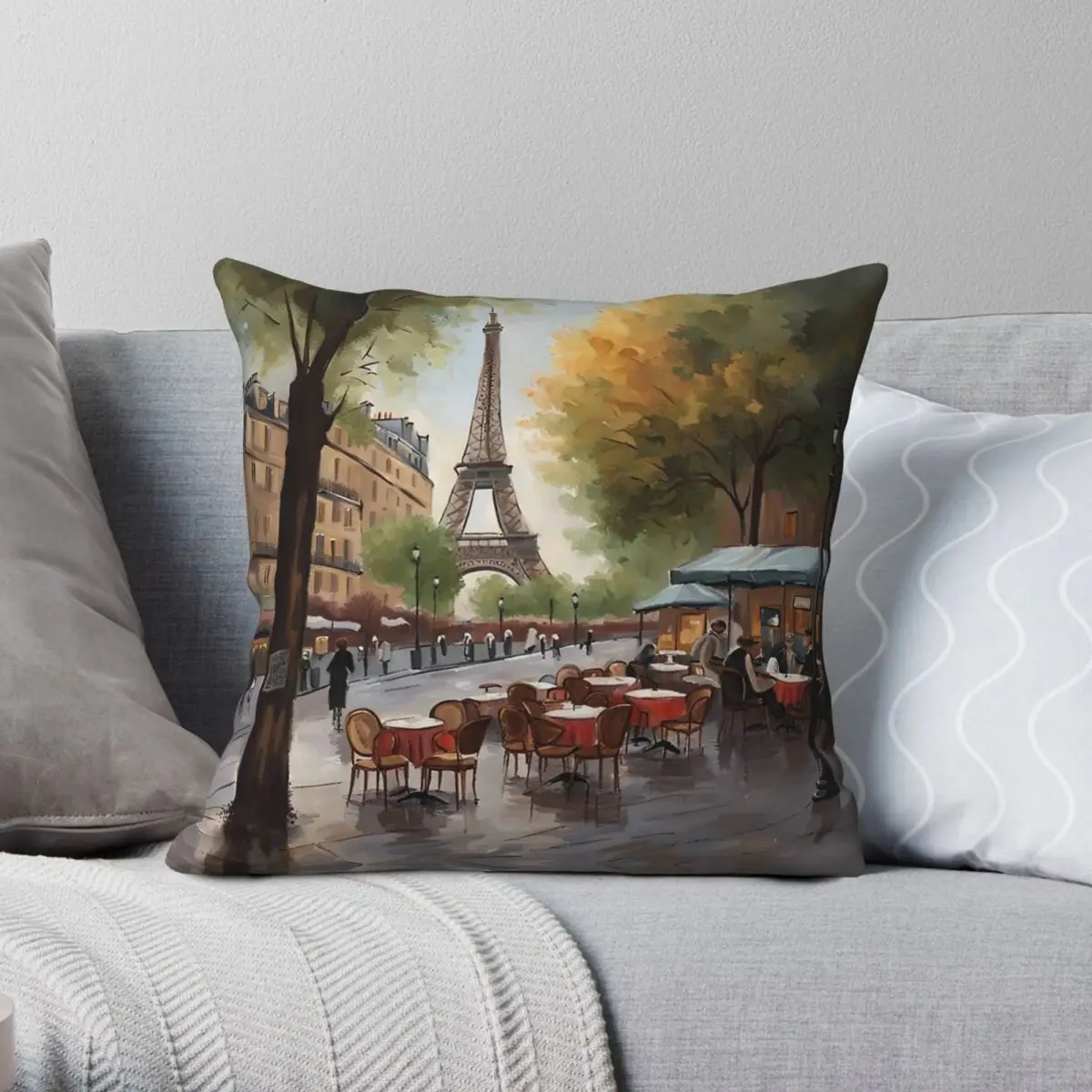 Paris Street Café Eiffel Tower Square Pillowcase Polyester Linen Velvet Printed Zip Decor Bed Cushion Case