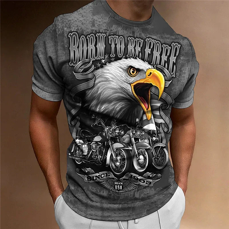 T-Shirt z grafiką z orłem w stylu Vintage dla mężczyzny lato z dekoltem w motocyklowym stylu koszula Oversized Casual krótki rękaw topy męskie bluza