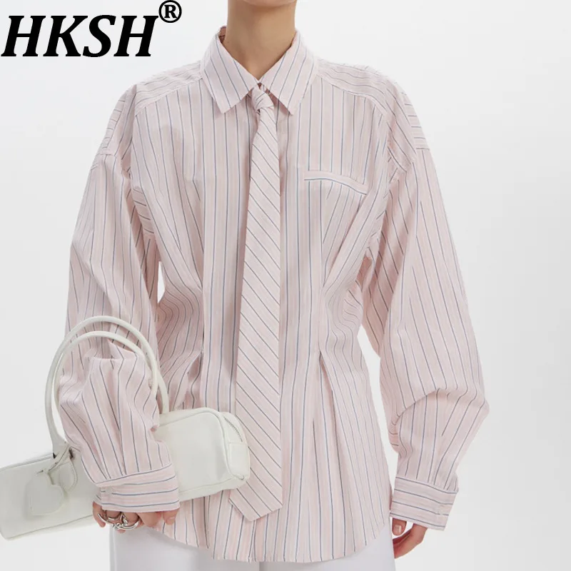 

HKSH Spring Autumn New Women's Striped Shirt Turn-down Collar Necktie Long Sleeves Waist Cinching Blouse Office Lady Top HK14232