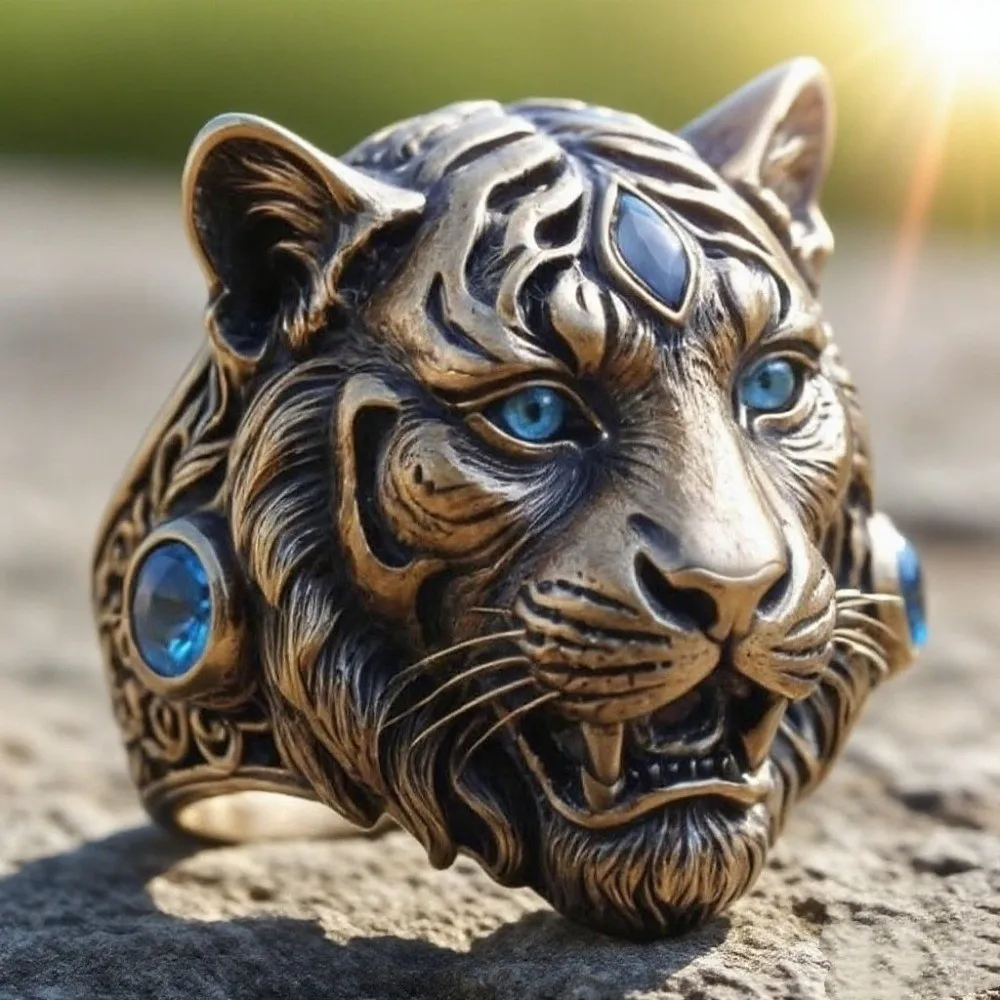 Environmentally Friendly Men's Ring Zinc Alloy Blue CZ Tiger Animal Ring Gothic Style Domineering Design Tiger Signet Ring