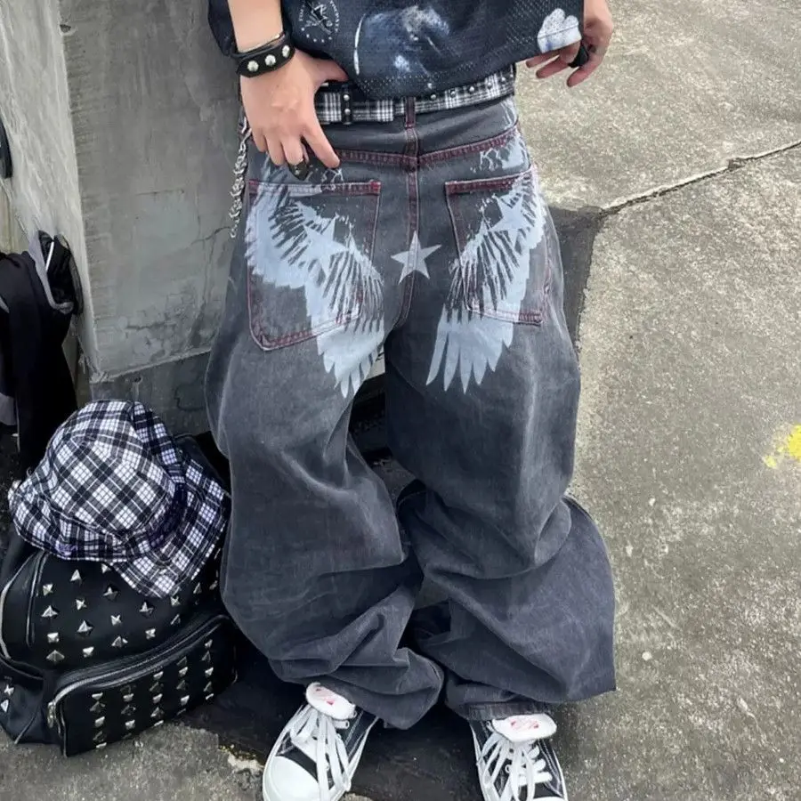 Men's Wings Printed Jeans Casual Pants Boy Straight Sweatpants Fashion Unisex Streetwear Male Wide Legs Y2k Trousers