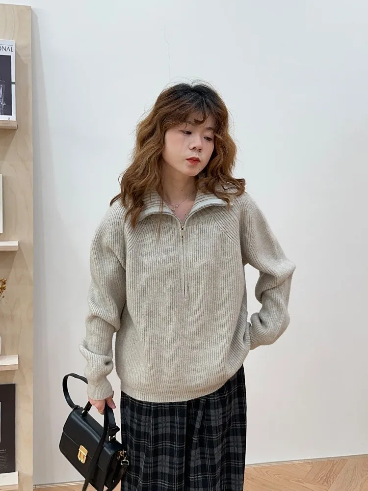 

Lazin Versatile High Collar Zipper Hoodie Knitted Loose Slimming Soft Long Sve Sweater Korean Sle Winter Commute Pure...