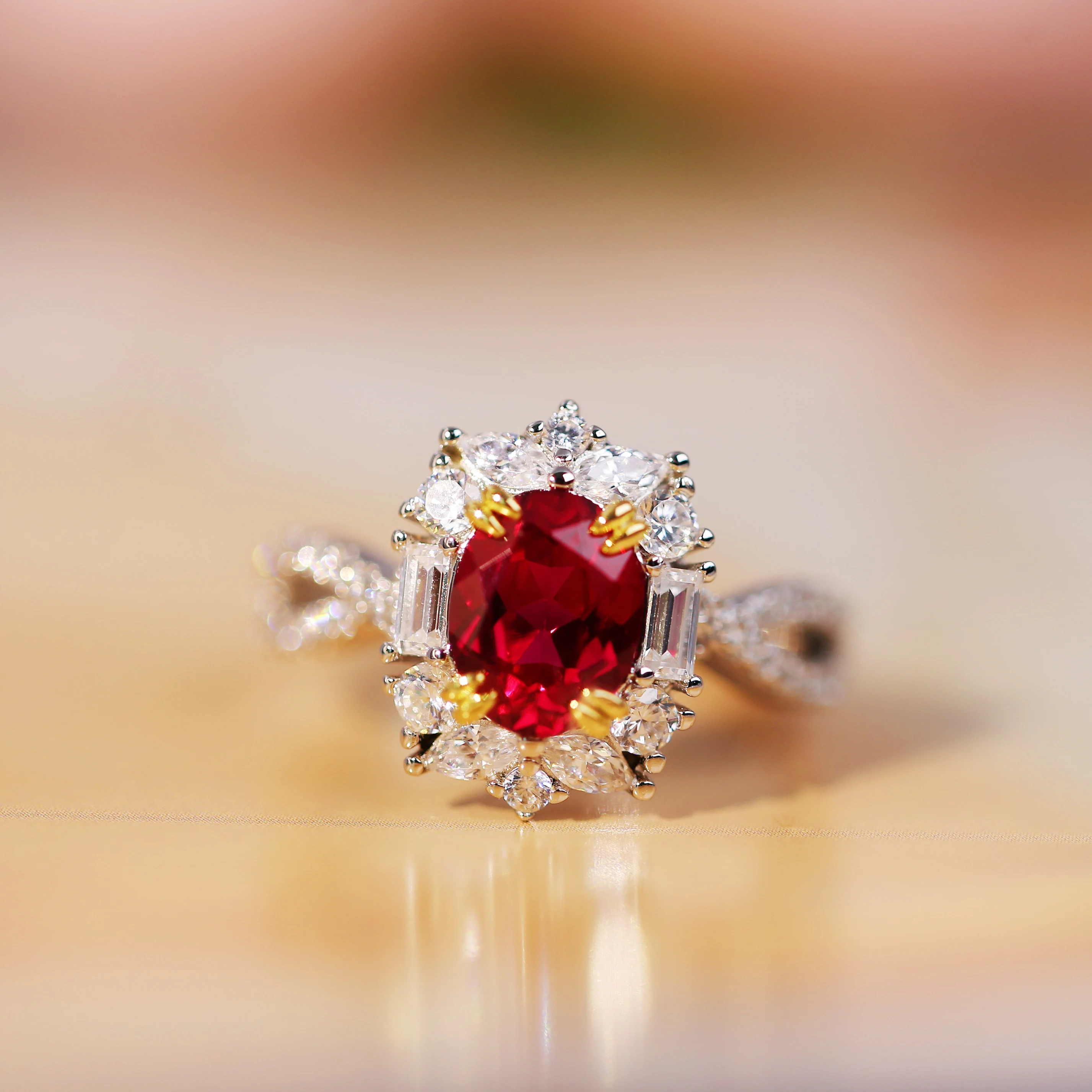 

Oval Lab-Grown Ruby Ring Simulated Diamond Accents–Gold Plated Elegant Design gift for christmas-Premium Quality