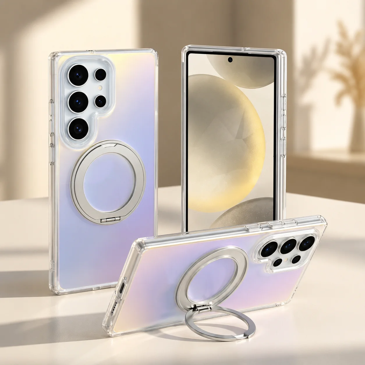 For Samsung Galaxy S26 Ultra 3-in-1 Stand | Built In Foot Gradient Flash Phone Case，Magnetic Ring Stand Transparent Case.