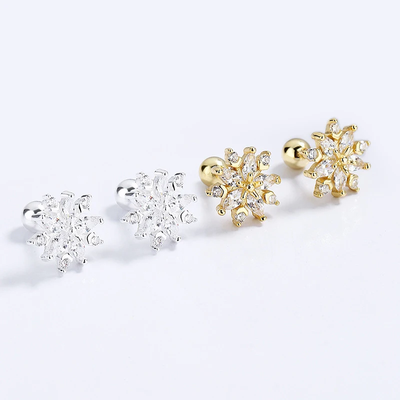 Trustdavis Real 925 Silver Sweet Snowflake CZ Screw Stud Earrings for Women Daily Wear Jewelry Gift DG0061