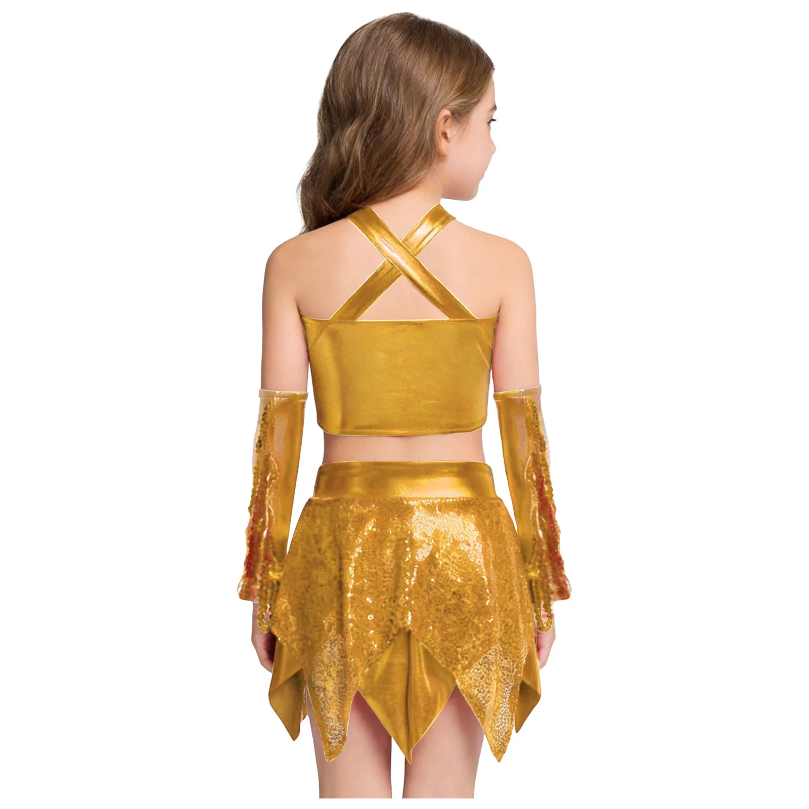 Kinder Mädchen Jazz Dance Kostüm Outfit Latin Tango Cha-Cha Salsa Dancewear Glitzerndes Pailletten Crop Top mit Rock und Quasten Handschuhen