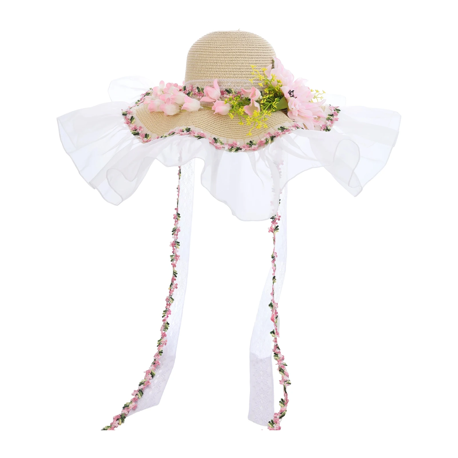 Lolita-Sun Hat For Women Wide Brim Wavy Edge Princess Style Straw Hat Beach Vacation Photography Accessory